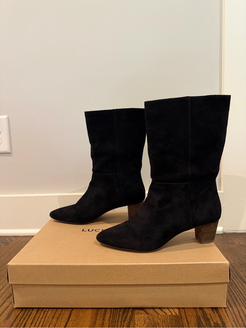 Lucky Brand Black Suede Mid-Calf Block Heel Boots